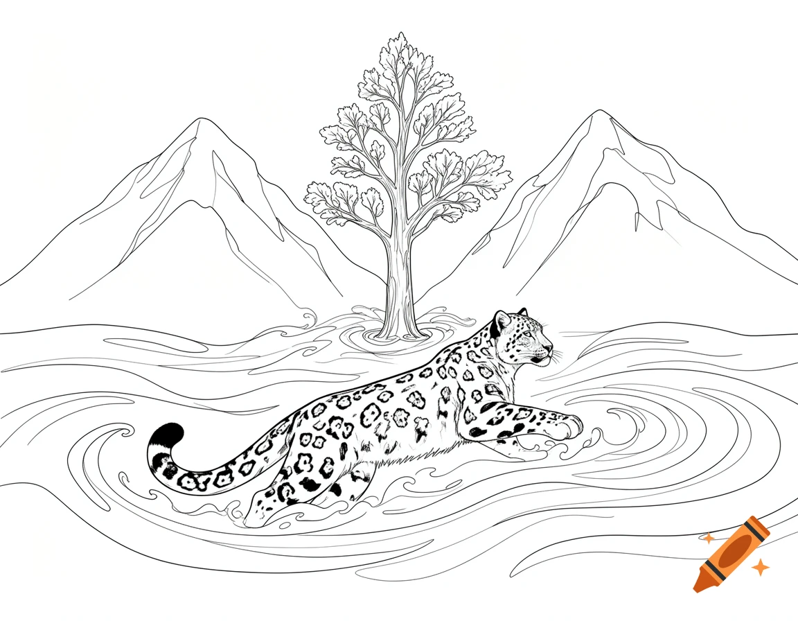 A black and white line art coloring page of a snow leopard swimming in swirling water, with a tree and mountains in the background.