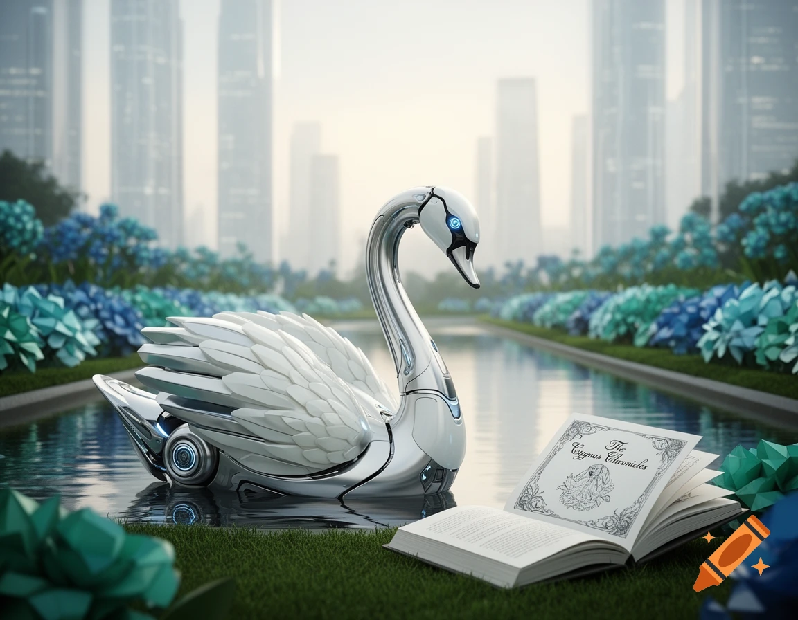 A futuristic chrome robotic swan floats in a reflective pool, gazing at an open book on green grass, with blurred skyscrapers behind.