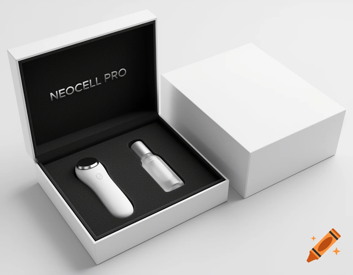 Opened white luxury product box with a white skincare device and serum bottle nestled in a black foam tray, "NEOCELL PRO" embossed on the lid.
