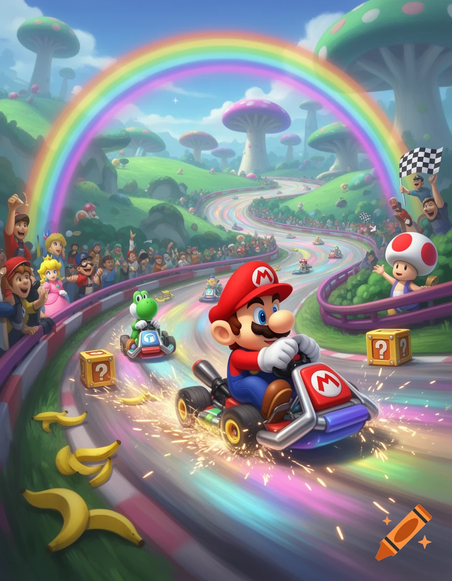 Vibrant illustration of Mario racing a kart on a colorful track with a rainbow overhead, flanked by Yoshi, item boxes, bananas, and mushroom trees.