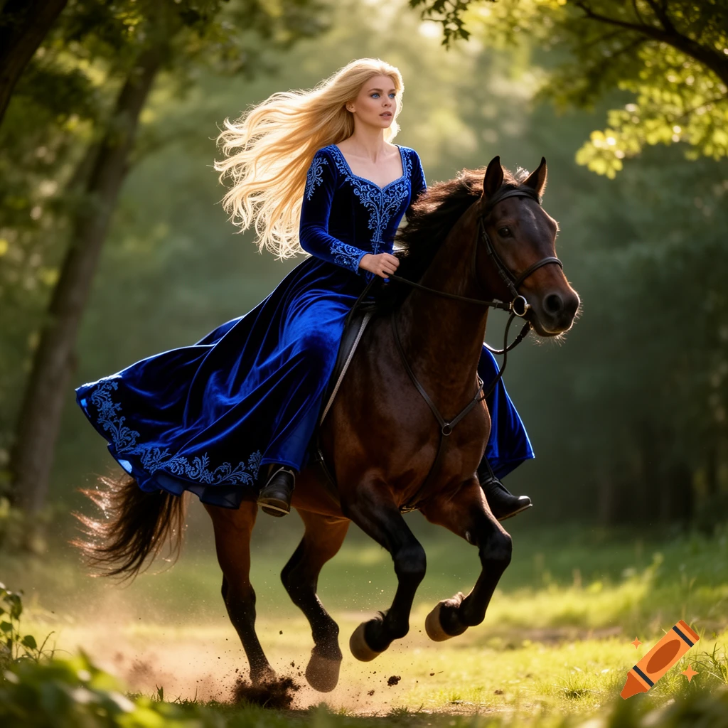 Blonde princess in a flowing blue velvet gown rides a dark brown horse galloping through a sunlit forest path.