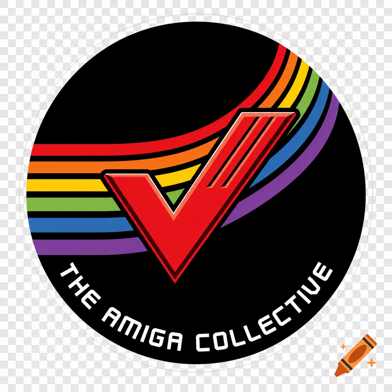 A round black logo with a red checkmark and rainbow stripes, text 'THE AMIGA COLLECTIVE' arcs below.