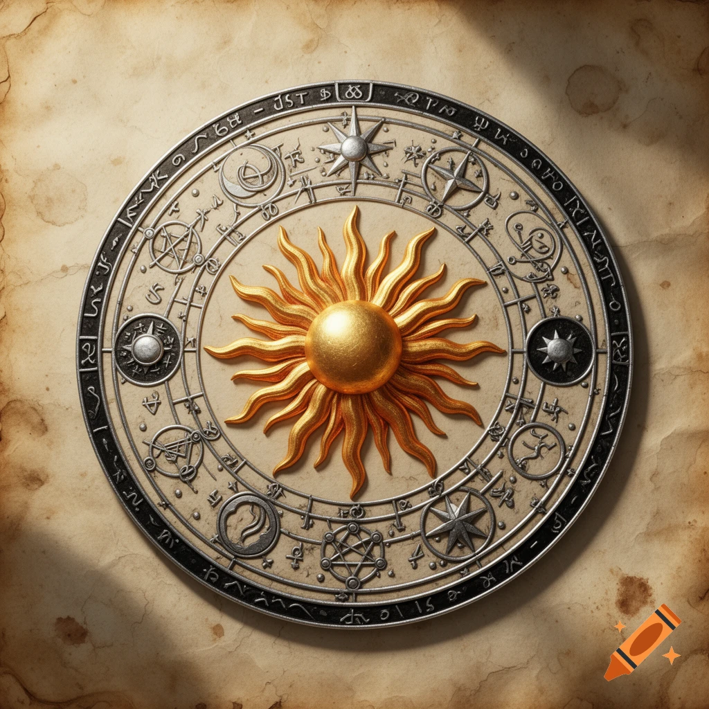 Golden sun emblem surrounded by intricate silver alchemical symbols on aged parchment.