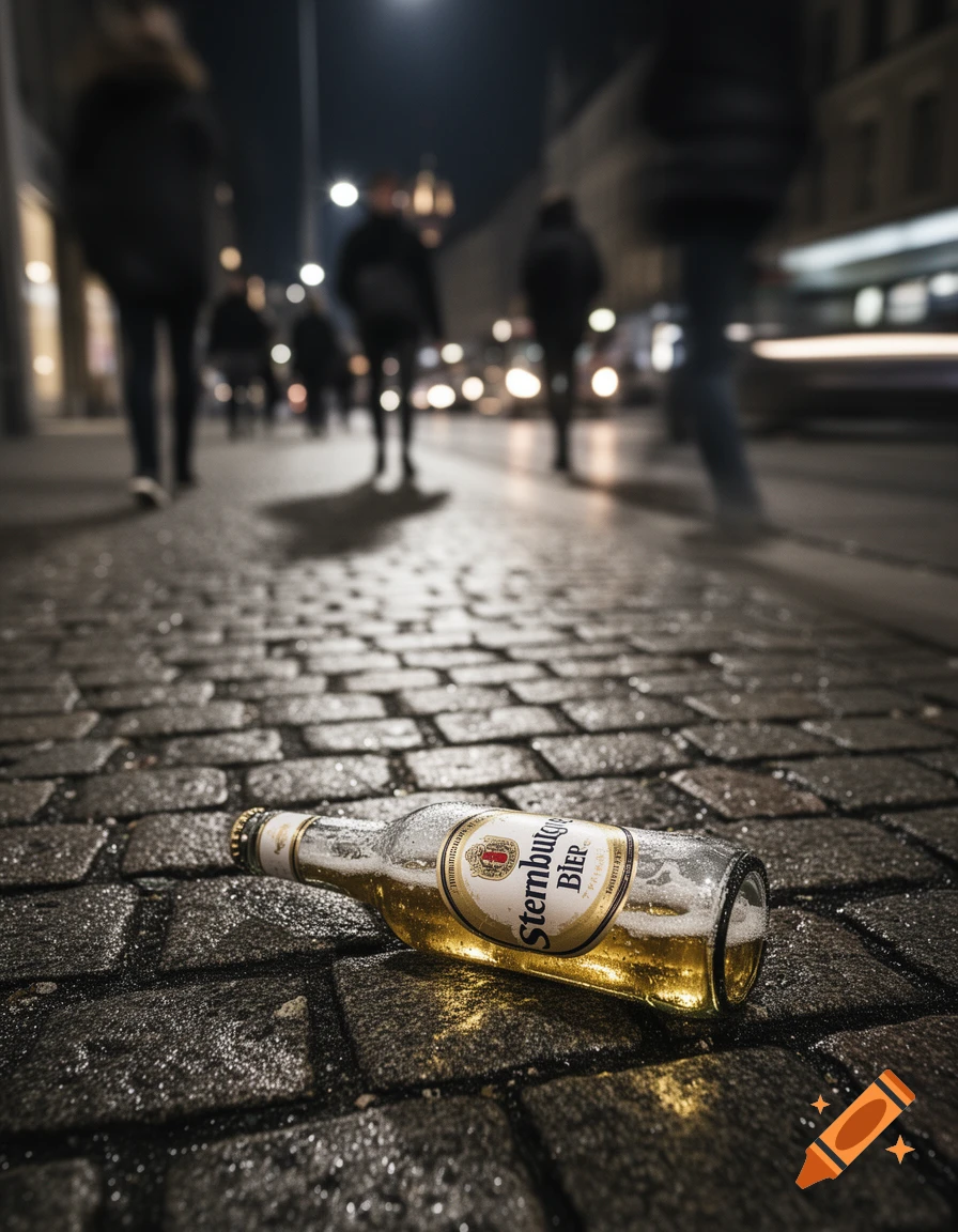 A Sternburg beer bottle lies on a wet cobblestone street at night, with blurred figures and city lights in the background.