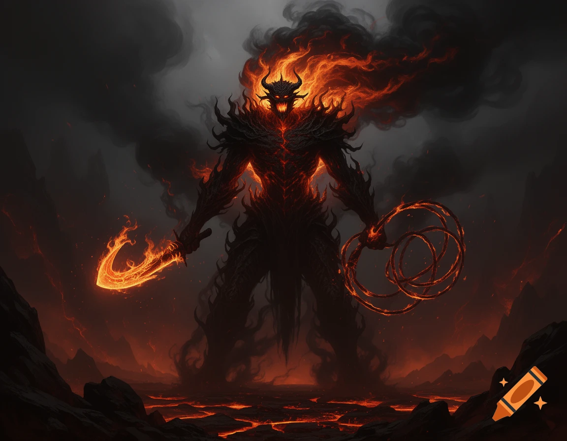 A terrifying, fiery demon with horns, a whip, and a flaming sword, standing in a hellish landscape of lava and smoke.