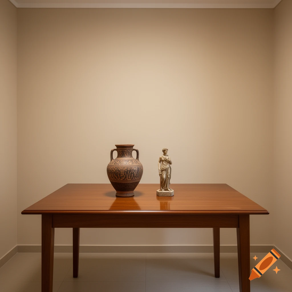A decorative vase with patterns and a classical statue on a wooden table in a minimalist room with beige walls.
