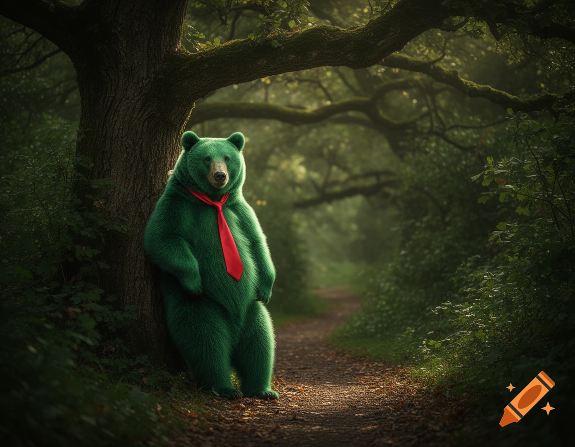 A photorealistic green bear wearing a red tie leans against a tree on a forest path.