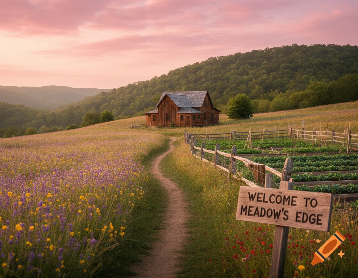 A photorealistic image of a winding path through a wildflower meadow leading to a wooden house with a garden at sunset. A sign reads "WELCOME TO MEADOW'S EDGE".