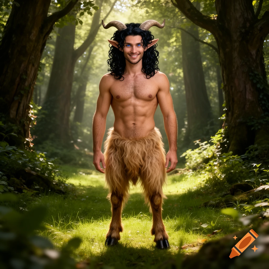 A smiling, muscular male satyr with black curly hair, blue eyes, horns, and furry goat legs stands in a sunlit, lush green forest.