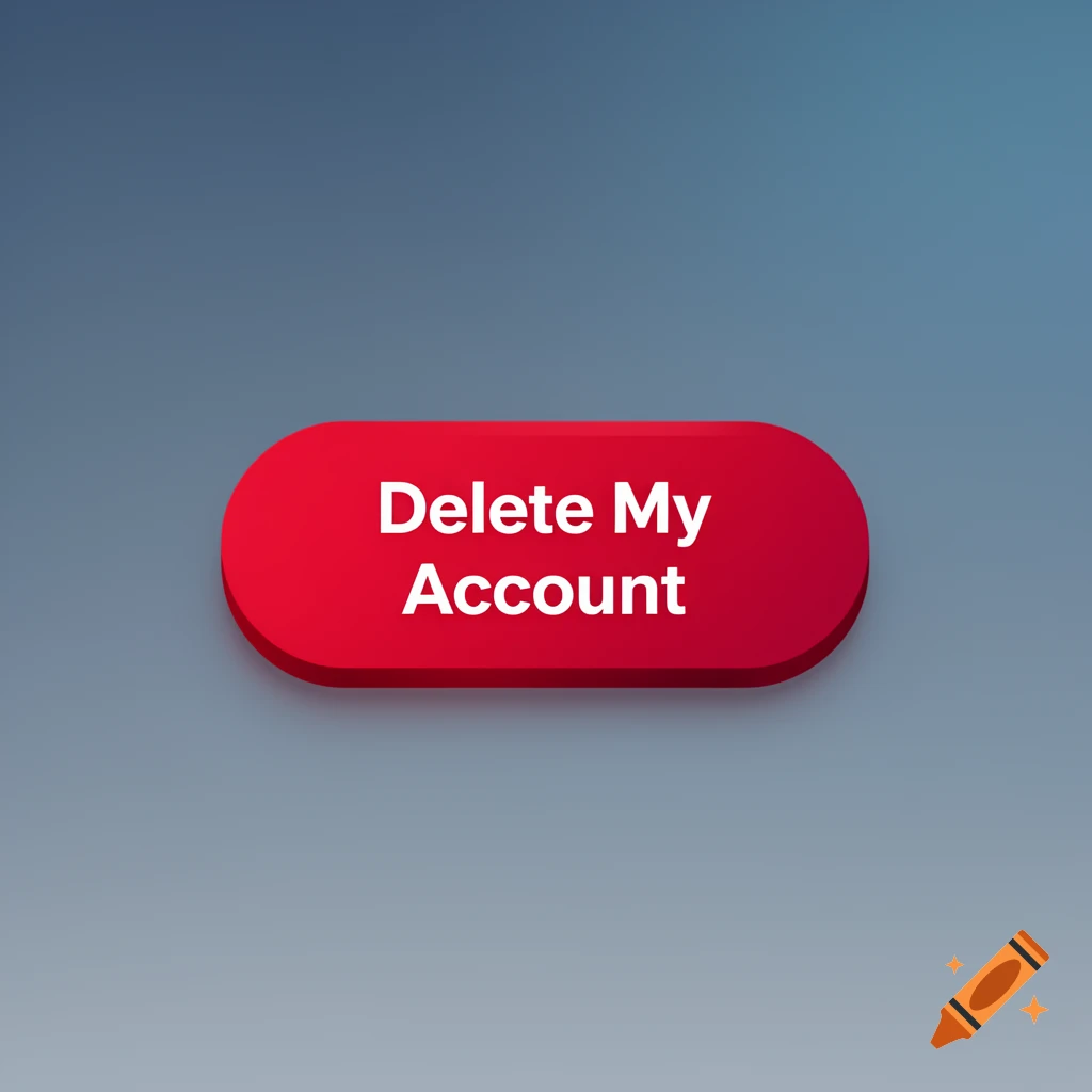 A 3D red button with rounded edges displaying the text "Delete My Account" against a blurred blue-grey background.