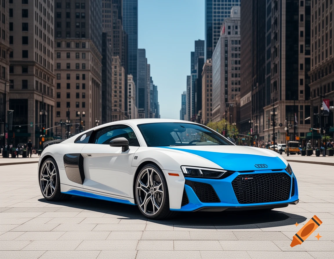 A white and blue Audi R8 V10 Performance sports car parked on a city street with tall buildings in the background.