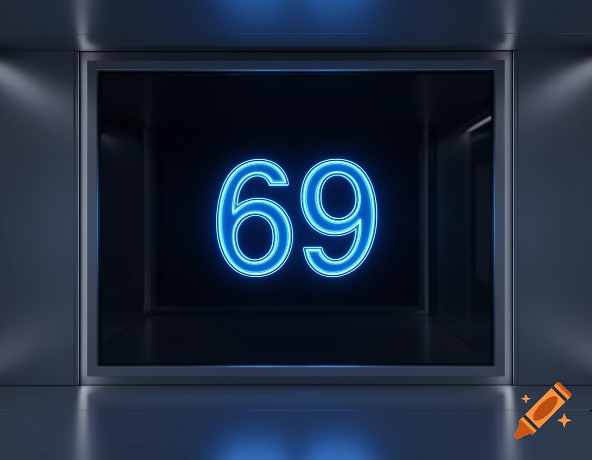 The number 69 in glowing blue neon, displayed in a dark, minimalist digital art style.