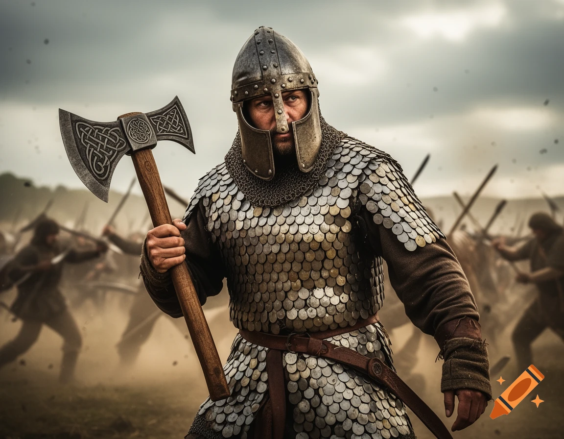 Photorealistic armored Saxon warrior with an ornate double-bladed axe on a dusty battlefield with blurred combatants.