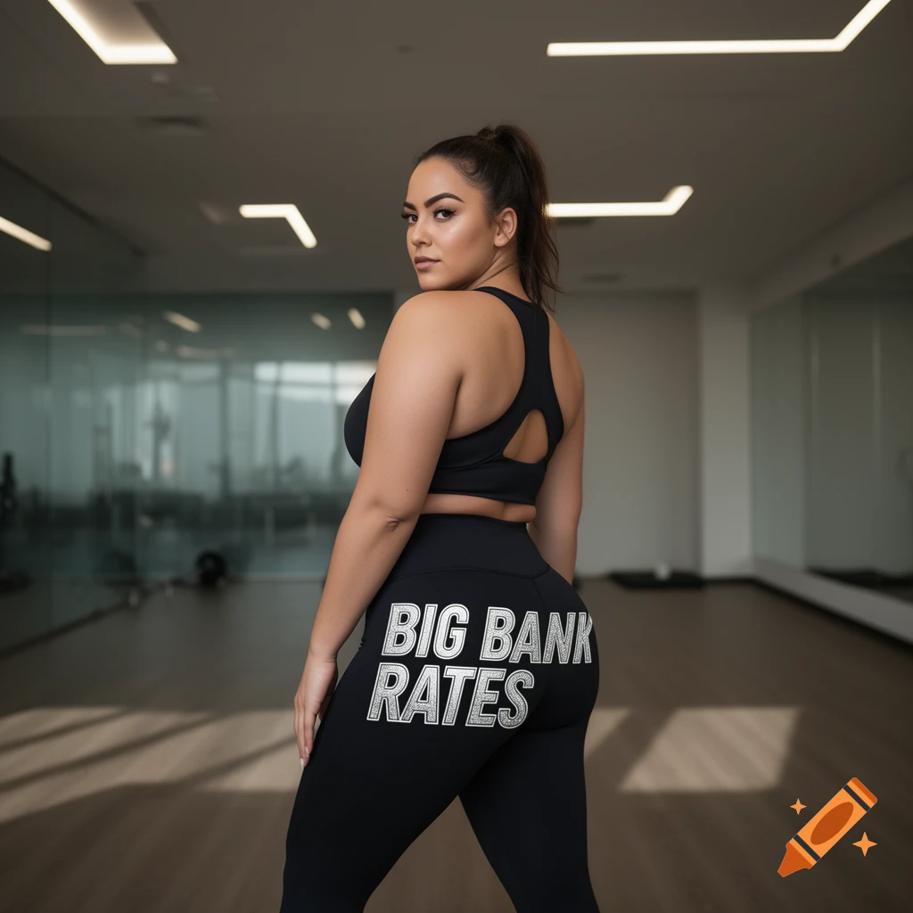 A woman in black athletic wear with 'BIG BANK RATES' on her leggings poses in a modern gym, looking over her shoulder.