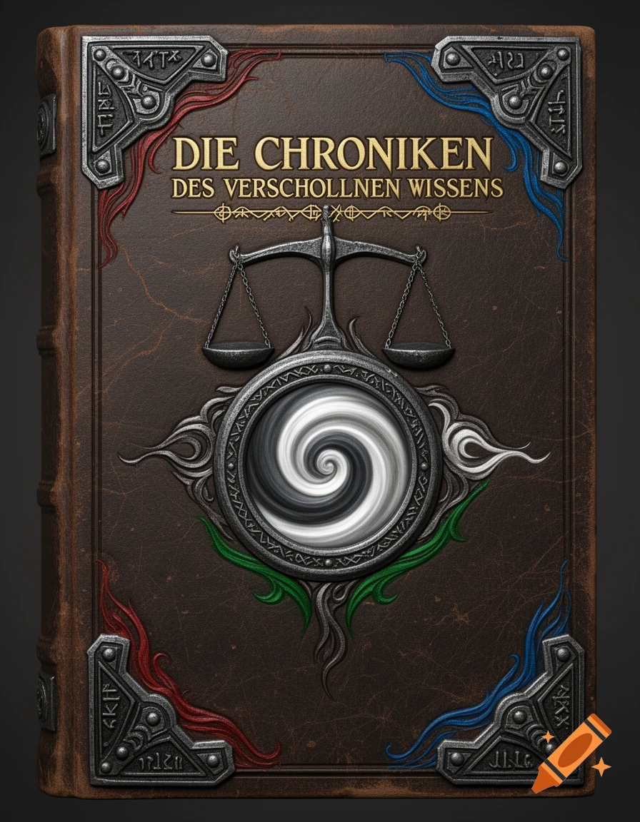A dark brown leather fantasy book cover with ornate metal corners, a central swirling emblem, and ancient scales. Title: "DIE CHRONIKEN DES VERSCHOLLENEN WISSENS".
