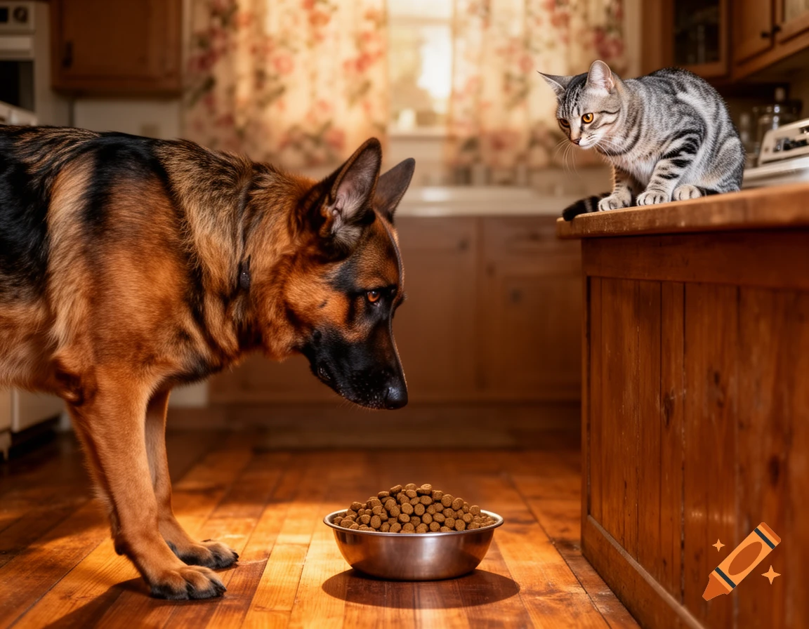 A German Shepherd dog looks down at a bowl of kibble on a wooden floor, while a tabby cat watches from a wooden kitchen counter.