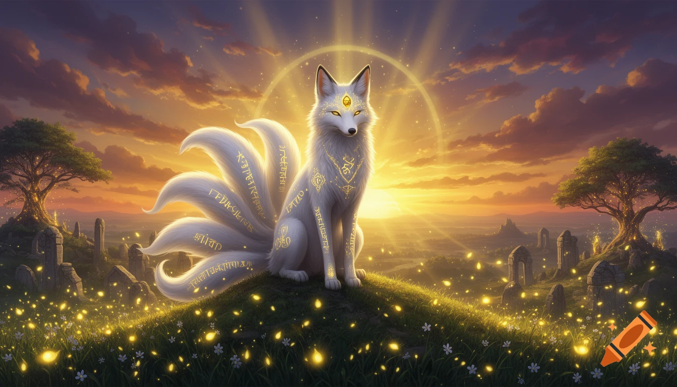 A majestic white nine-tailed kitsune with golden glowing runes sits on a grassy hill at sunset, surrounded by luminous flora and ancient ruins in a magical fantasy landscape.
