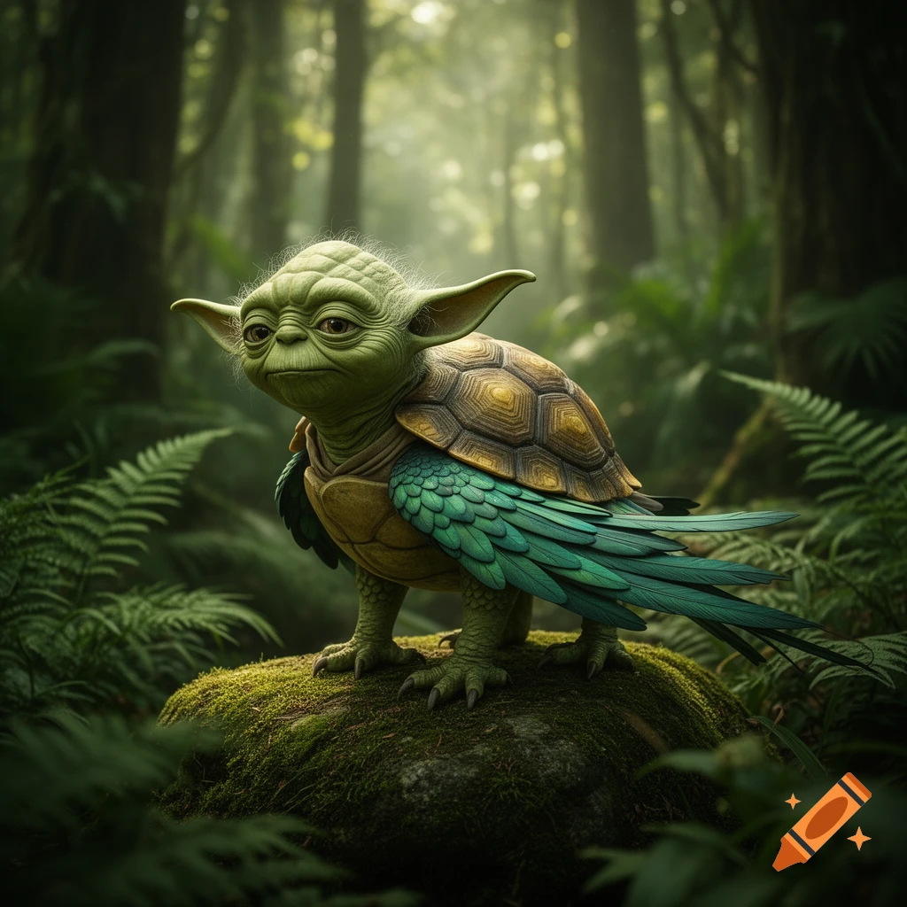 A photorealistic creature with Yoda's head, a turtle shell, and teal bird wings stands on a mossy rock in a lush forest.