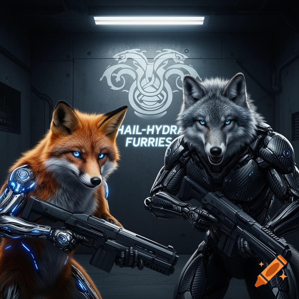 Two anthropomorphic characters, a fox and a wolf, in cybernetic armor, holding guns in a dimly lit sci-fi setting. A "HAIL-HYDRA FURRIES" logo is on the wall behind them.