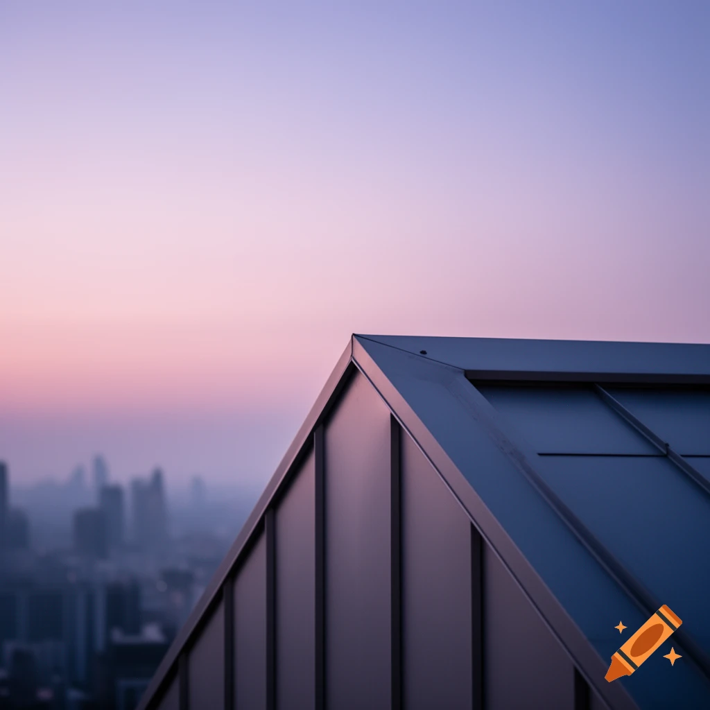 Close-up of a modern building's sharp roof edge against a gradient pink and purple sky, with a blurred cityscape below.
