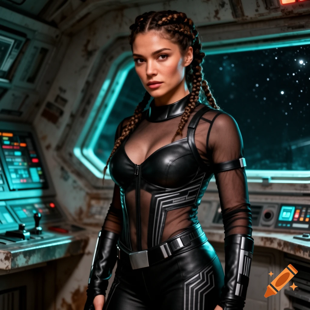 A determined woman with braided hair in a black futuristic suit stands in a spaceship cockpit, with space visible outside.