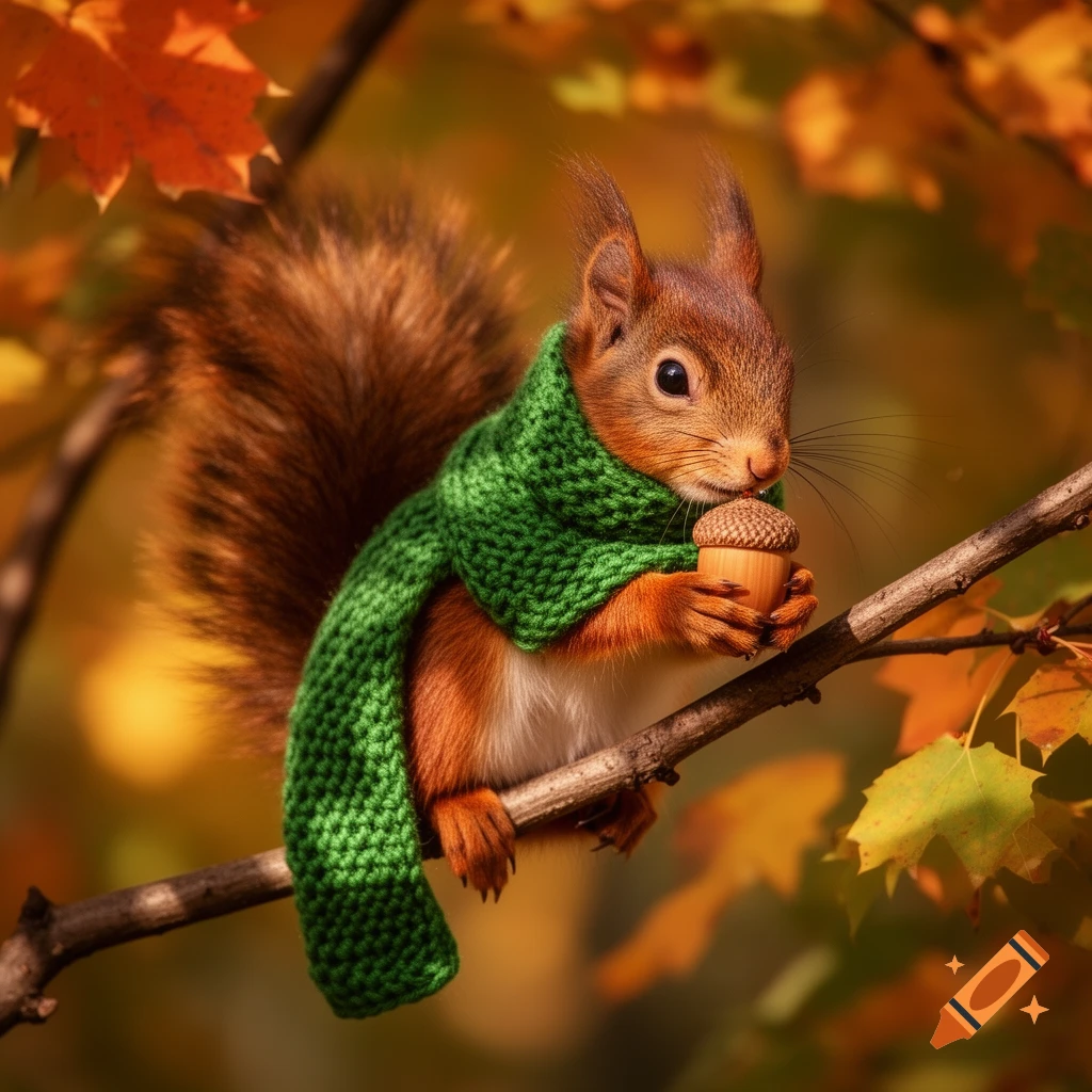A photorealistic squirrel wearing a green knitted scarf sits on a tree branch, holding a small acorn, surrounded by vibrant autumn leaves.