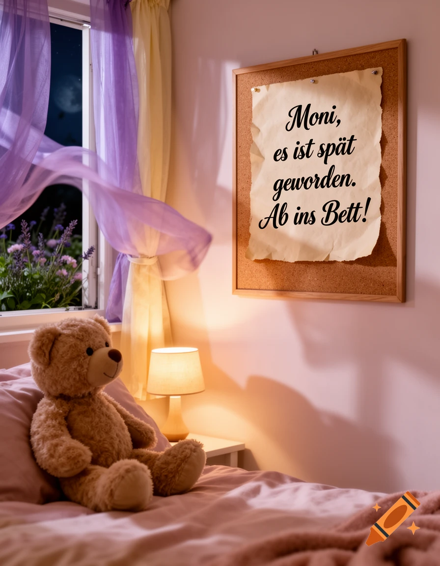 A teddy bear sits on a pink bed in a cozy, moonlit bedroom. A note on the wall reads, 'Moni, es ist spät geworden. Ab ins Bett!'