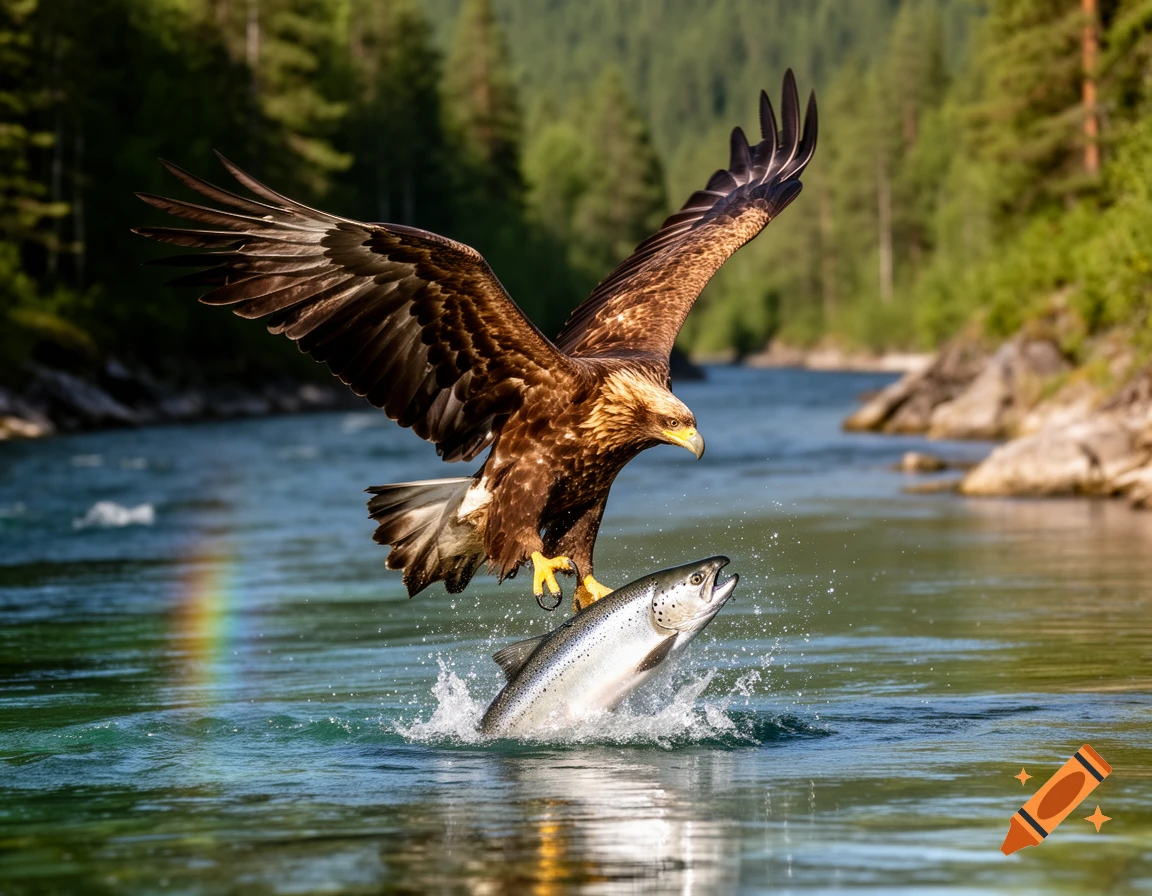 A photorealistic golden eagle with wide wings snatches a salmon from a river, splashing water under a bright sky with a faint rainbow.