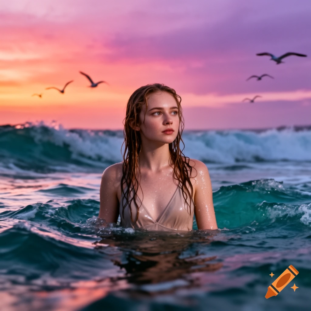 Young woman half-submerged in ocean waves at sunset under a vibrant purple and orange sky with flying birds.