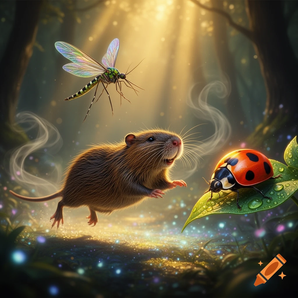 A glowing fantasy forest scene with a flying mosquito, a small brown rodent mid-air, and a ladybug on a dewy leaf, all bathed in magical light.