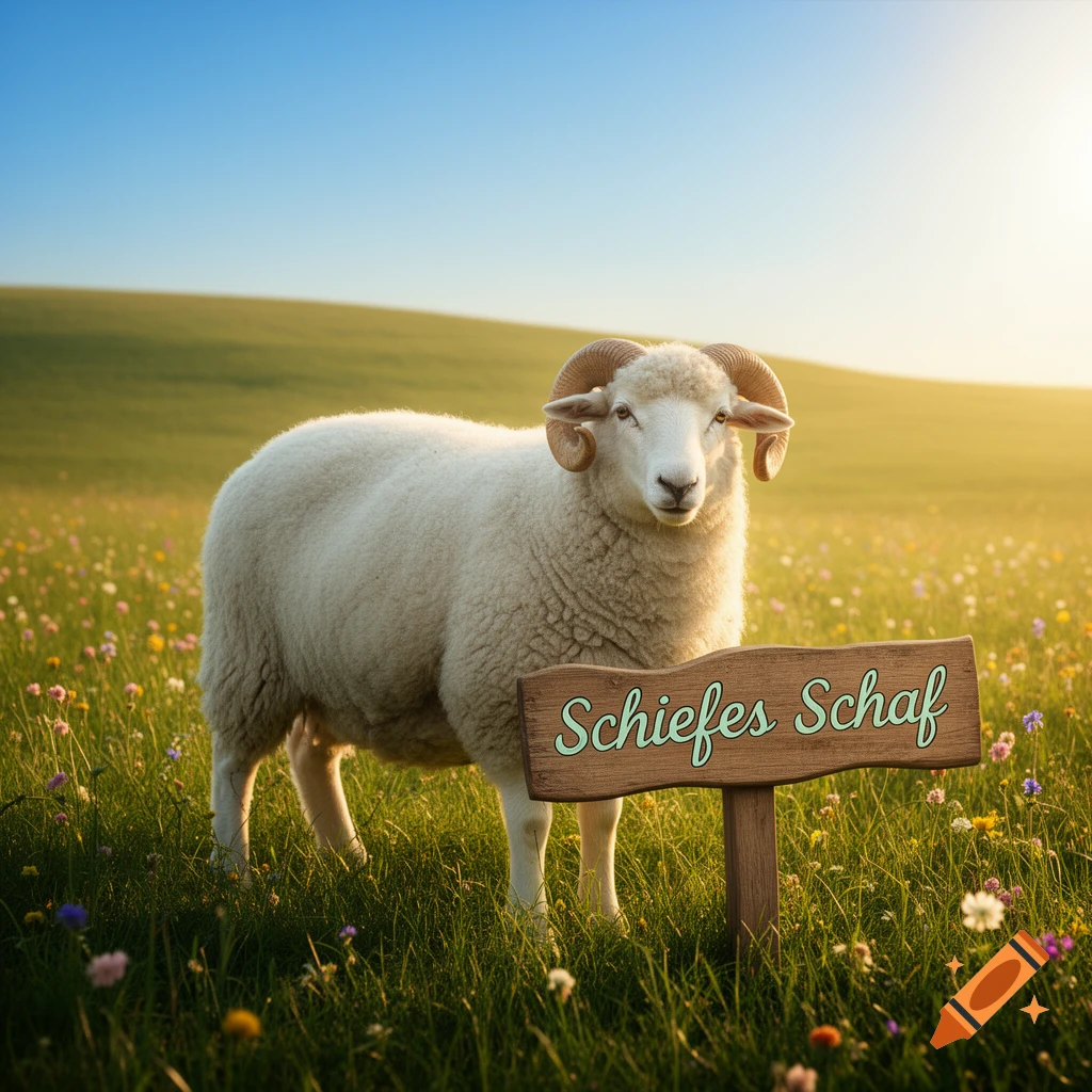 A white ram with horns stands in a grassy field with colorful flowers under a sunny blue sky, next to a wooden sign reading 'Schiefes Schaf'.