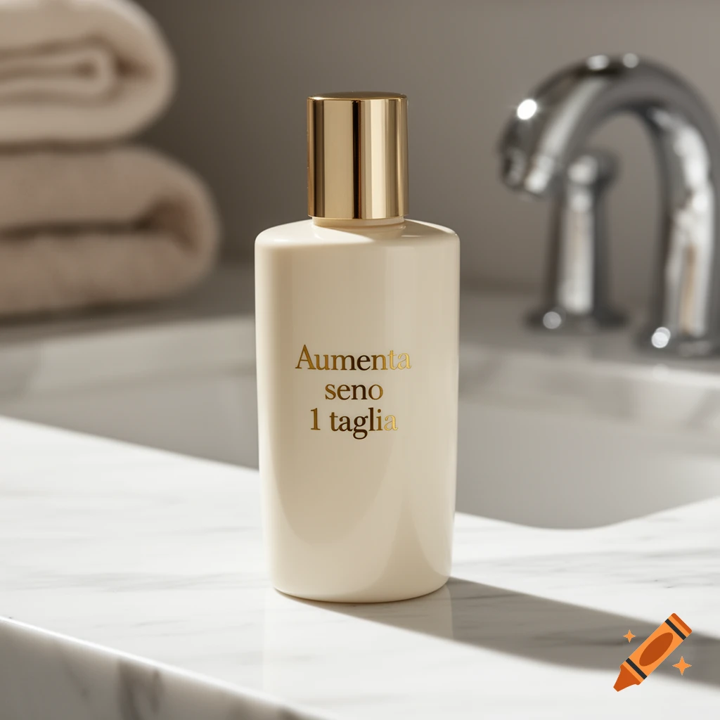 A photorealistic image of a cream bottle with gold text "Aumenta seno 1 taglia" on a marble counter.