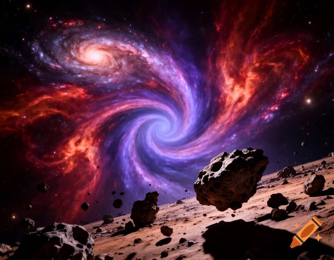 A vibrant cosmic scene with a swirling purple and red galaxy, nebulae, and jagged asteroids on a reddish-brown planetary surface.