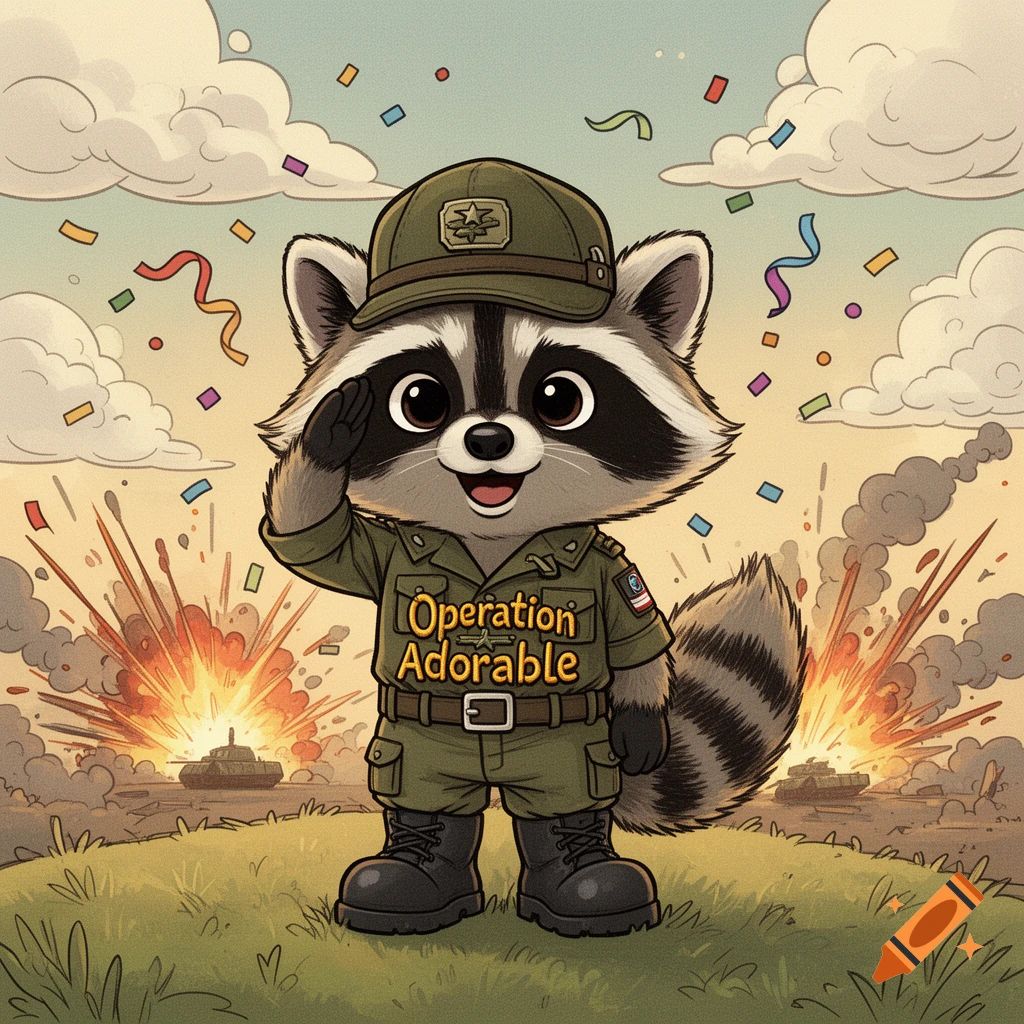Cute cartoon raccoon in military uniform salutes amidst comic explosions, tanks, and confetti. Text reads 'Operation Adorable'.