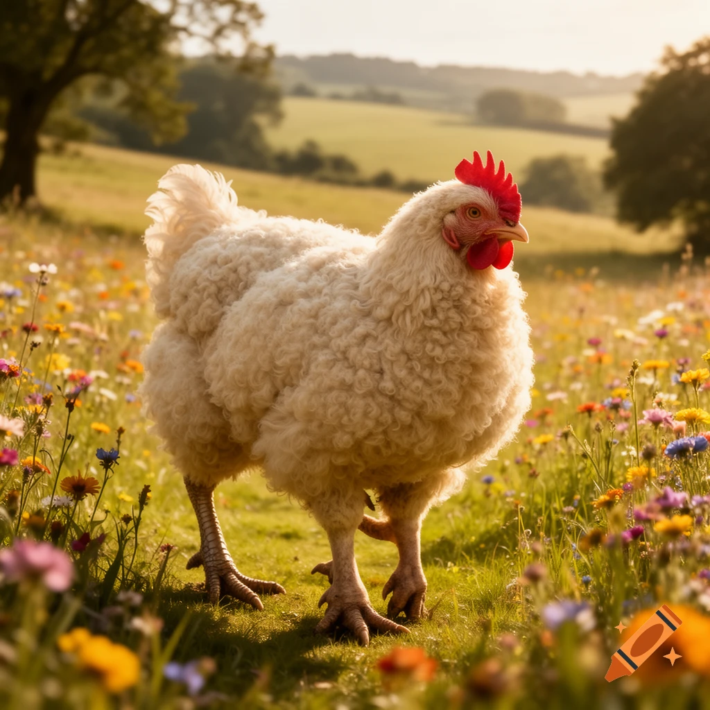 A photorealistic chicken-lamb hybrid stands in a sunlit field of colorful wildflowers.