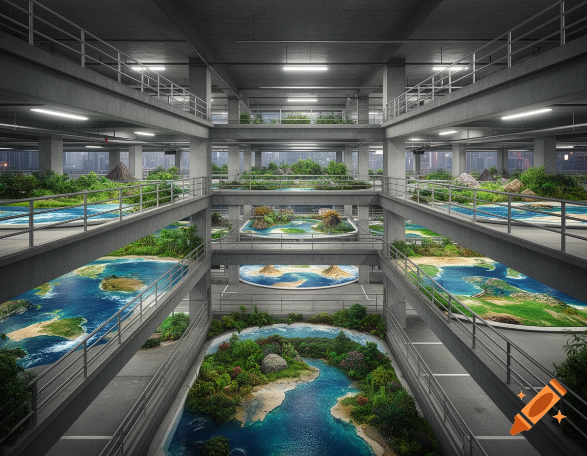 A multi-level parking garage where each floor is a vibrant, detailed landscape resembling a flat world map with oceans and land.