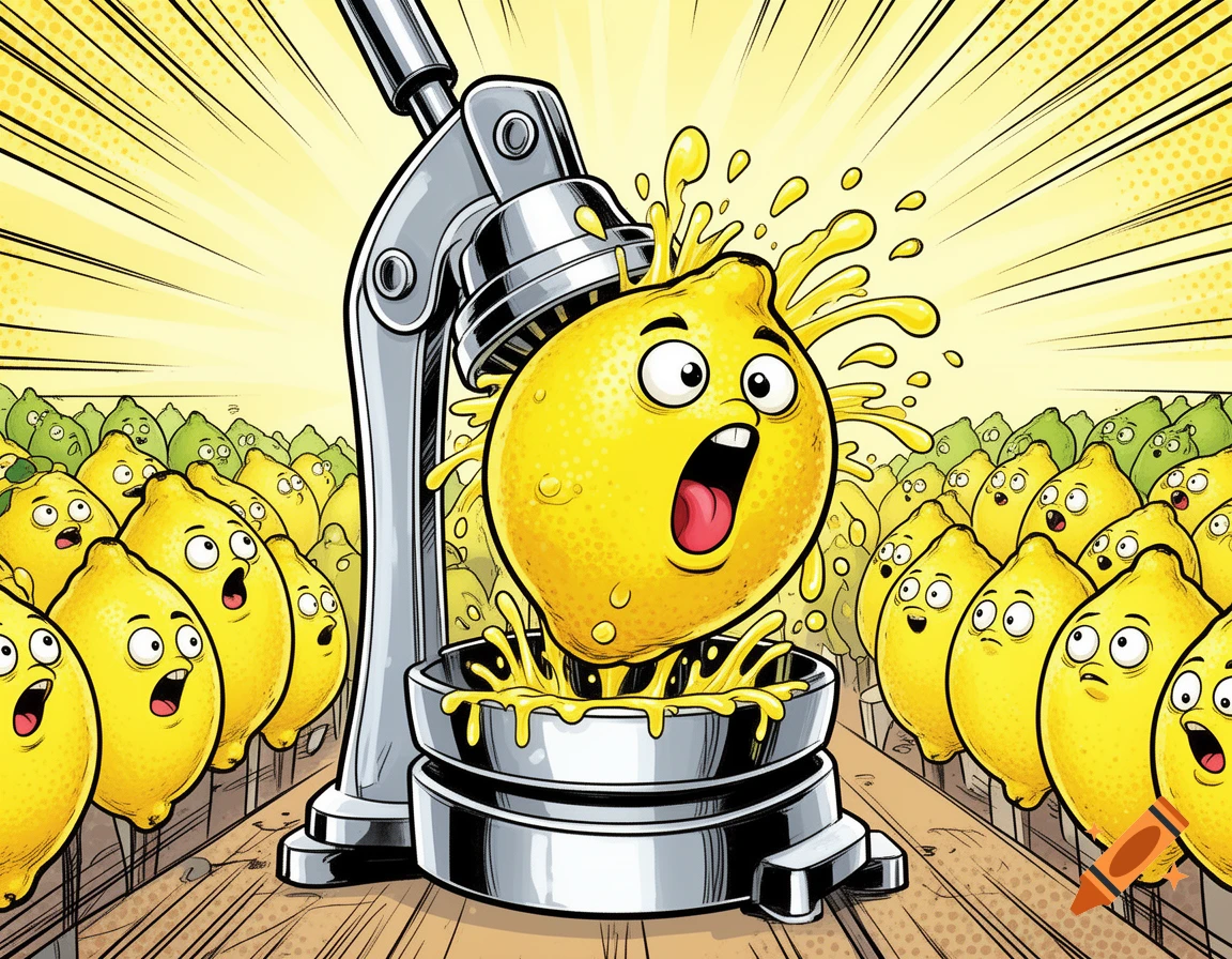 A cartoon lemon is being squeezed in a juicer with a terrified expression, surrounded by a crowd of equally scared lemons in comic book style.