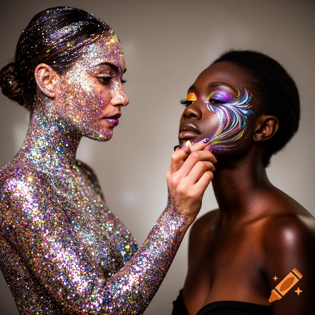 A woman covered in colorful glitter applies glitter face paint to another woman's face in a close-up, photorealistic shot.