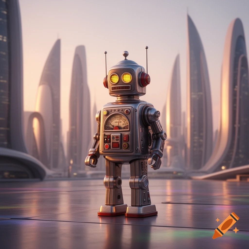 A retro-style metallic robot with glowing yellow eyes stands on a reflective surface in a futuristic city with sleek, tall buildings at sunset.