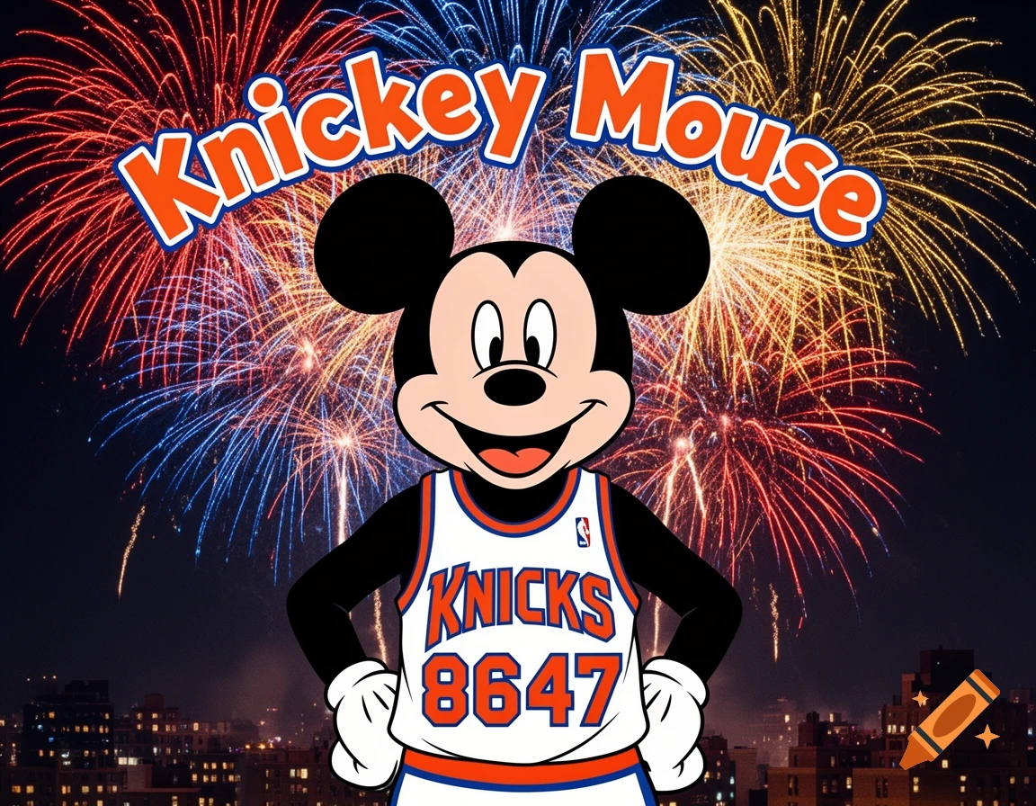 Cartoon Mickey Mouse in a Knicks 8647 jersey with Knickey Mouse text, fireworks explode over a city skyline.