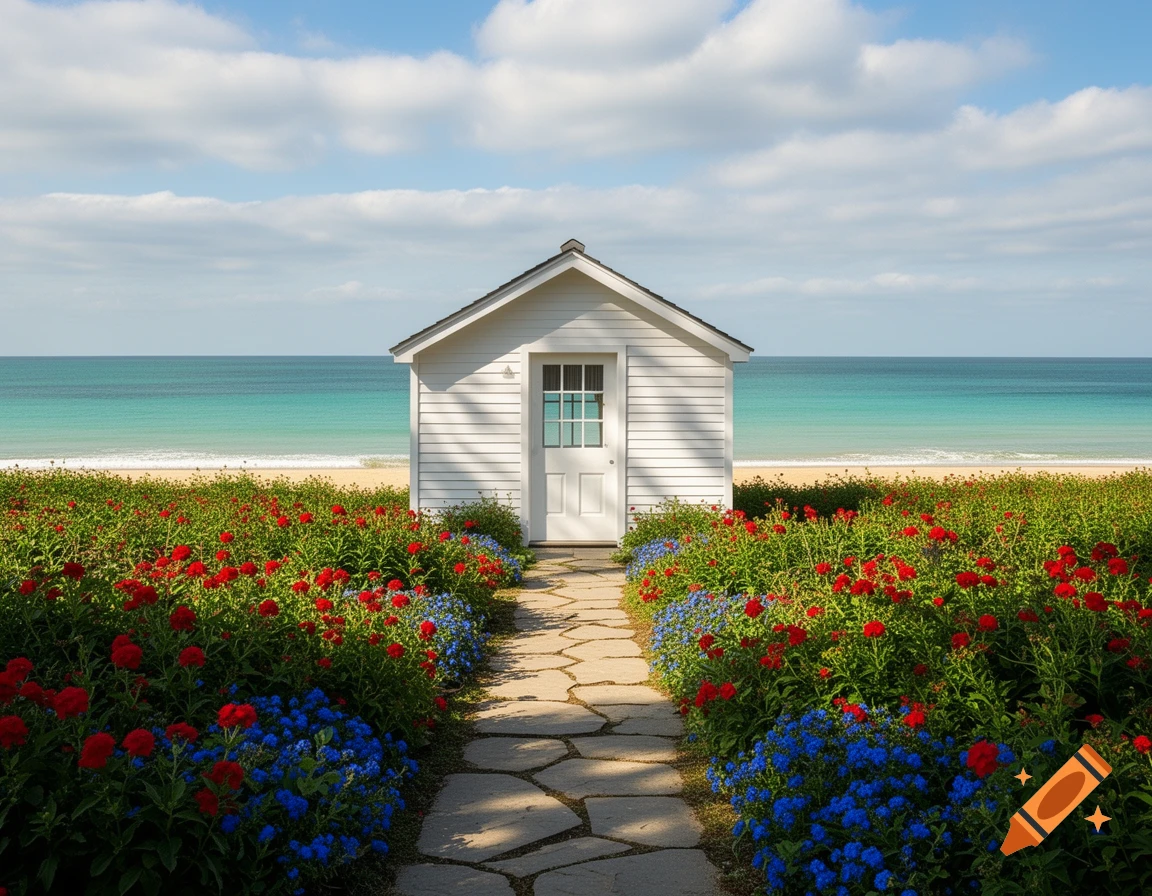 A stone path leads to a white beach house surrounded by red and blue flowers, with a turquoise ocean and sandy beach in the background under a blue sky.