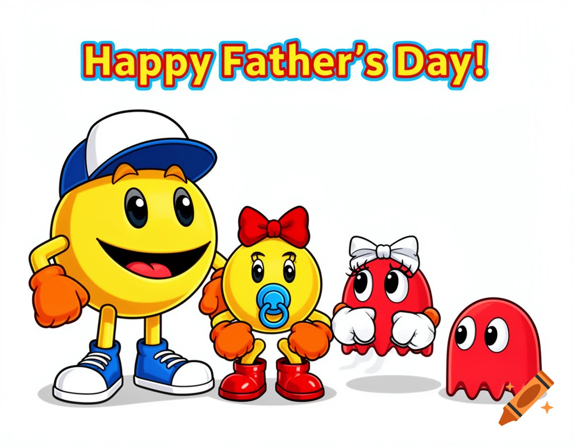Pac-Man in a cap with a baby Pac-Man, and two cartoon ghosts, celebrating 'Happy Father's Day!' in a cartoon style.
