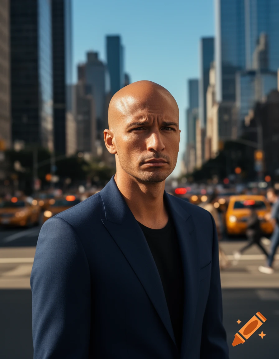 Photorealistic portrait of a serious bald man in a blue suit standing on a city street with blurred taxis and skyscrapers.