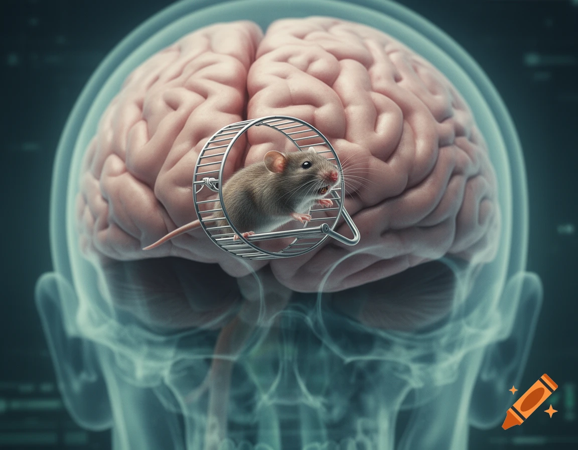 Photorealistic image of a mouse in a hamster wheel inside a translucent human brain, depicted in an MRI scan view.