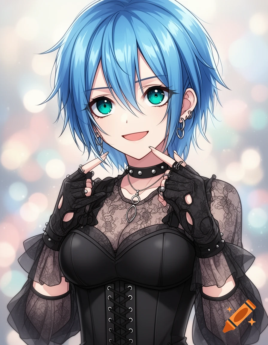 Smiling anime woman with short blue hair, green eyes, wearing a black lace top, corset, choker, and fingerless gloves with a bokeh background.