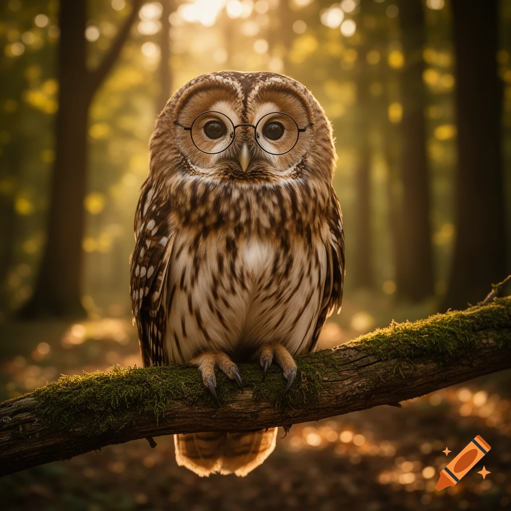 A photorealistic owl wearing round glasses, perched on a moss-covered branch in a sunlit forest.