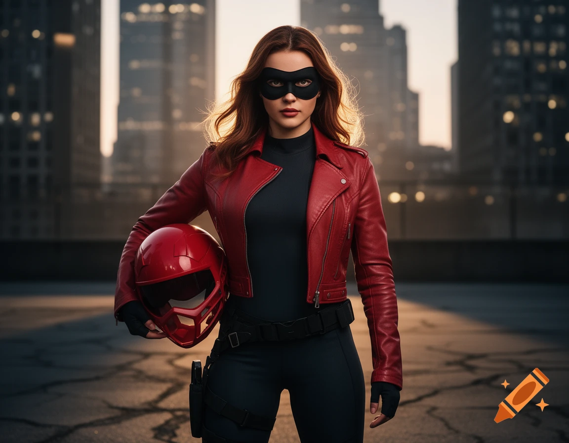 A female character in a red leather jacket and black mask holds a red helmet, standing against an urban skyline at sunset.