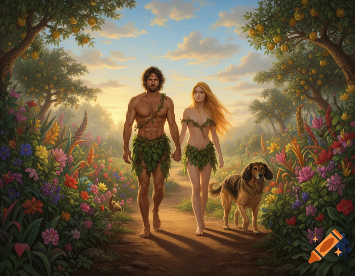Adam and Eve, clad in leaves, walk with a dog through a vibrant, sunlit Garden of Eden.