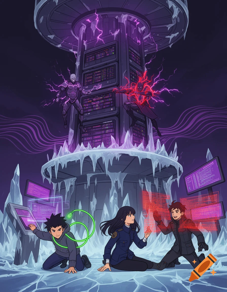 Anime-style scene of a battle in a cyberpunk server room. Two heroes fight while two villains hover around a massive server core amidst ice and glitching screens.