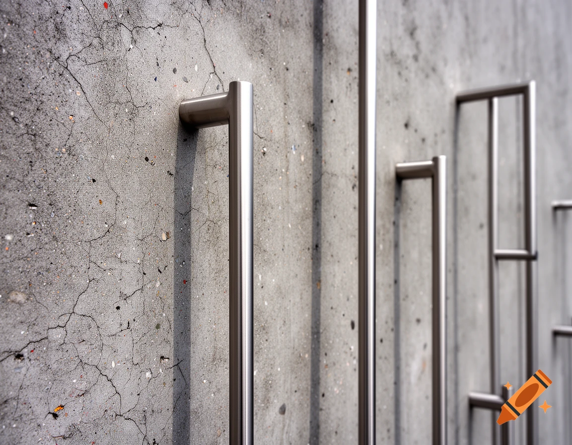 Shiny silver metal handles against a cracked gray concrete wall in a close-up, photorealistic style.